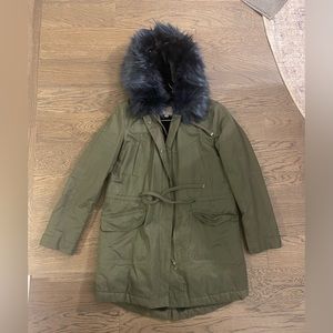 Loft Olive Green Parka with Navy Faux Fur Hood - Size XS